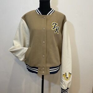 True Religion TR Script Wool Varsity Travertine/Winter White Jacket Women XL NWT